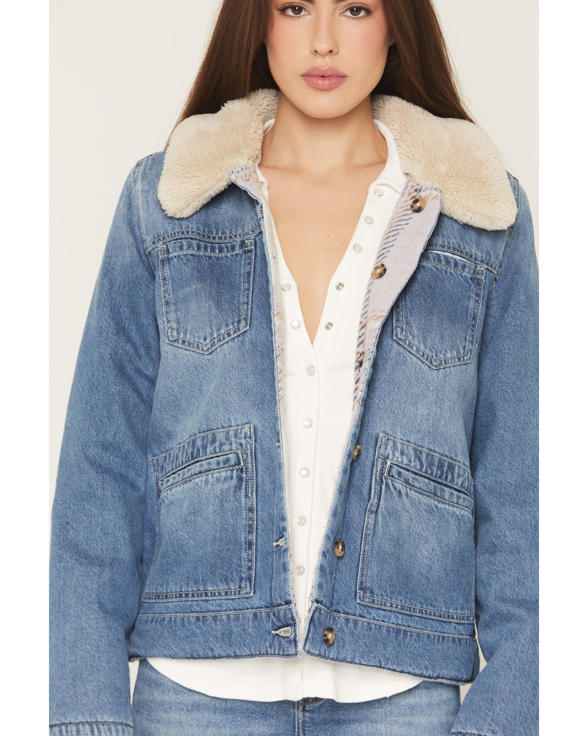 Medium Wash Reversible Sherpa Blanket Denim Jacket
