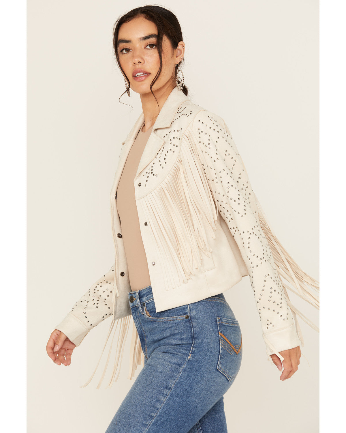 Blair Fringe and Studded Faux Suede Snap Jacket