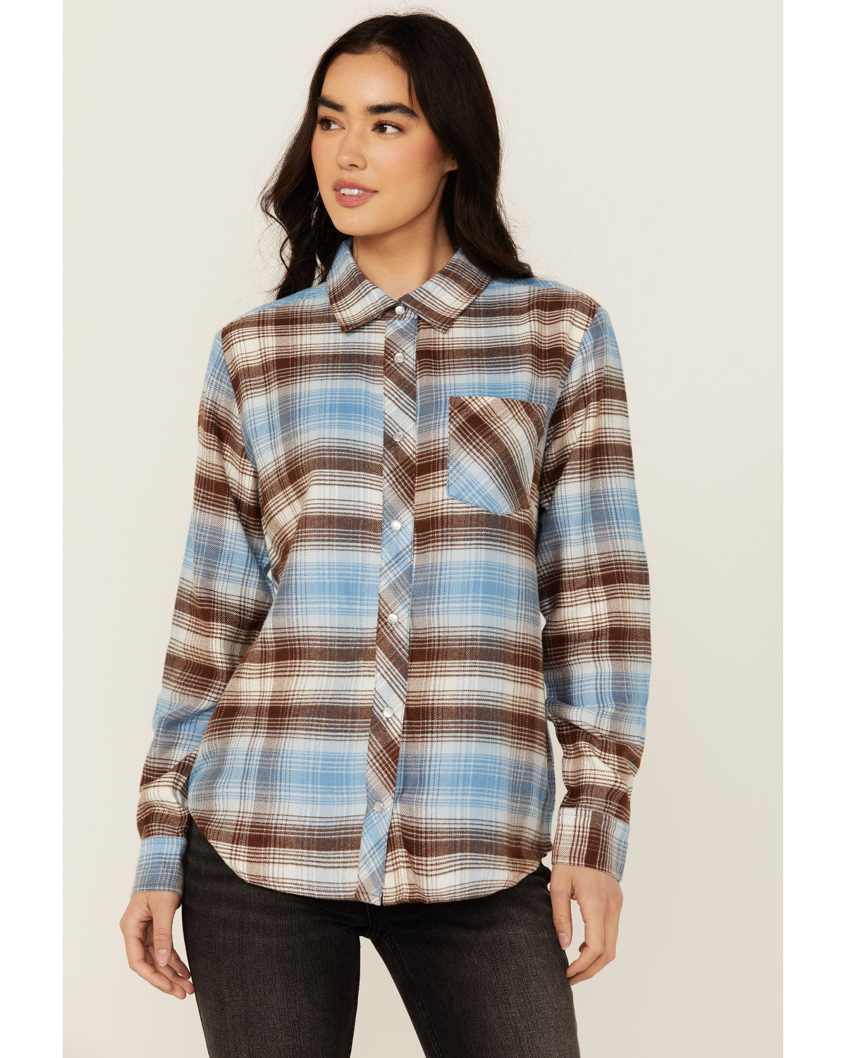 Lane Plaid Print Long Sleeve Snap Flannel Shirt
