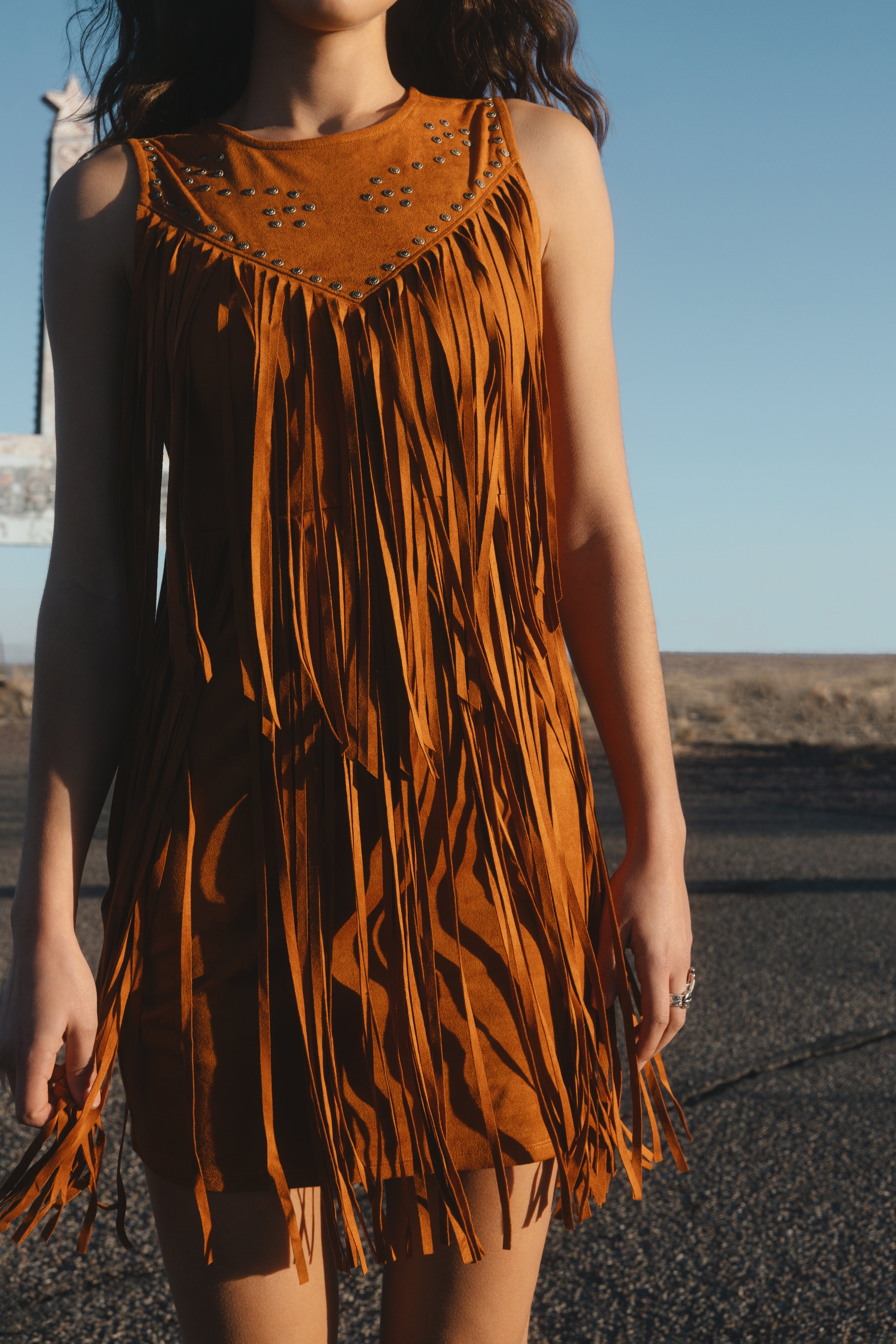 Garland Studded Fringe Faux Suede Sleeveless Mini Dress