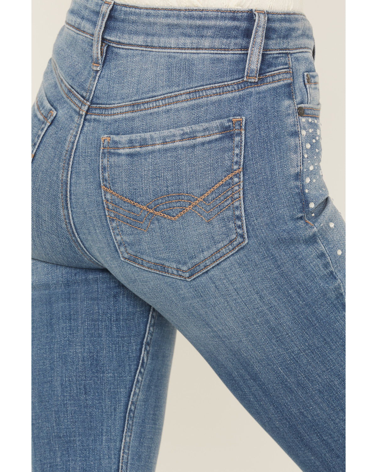 Legend Medium Wash High Rise Rhinestone Studded Bootcut Super Stretch Denim Jeans