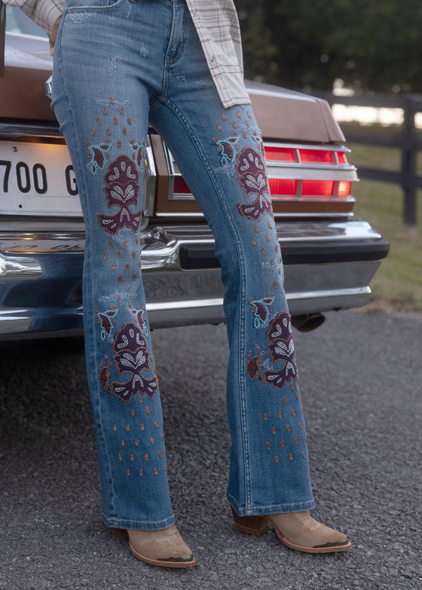 Briley Medium Wash Mid Rise Embellished Stretch Bootcut Jeans