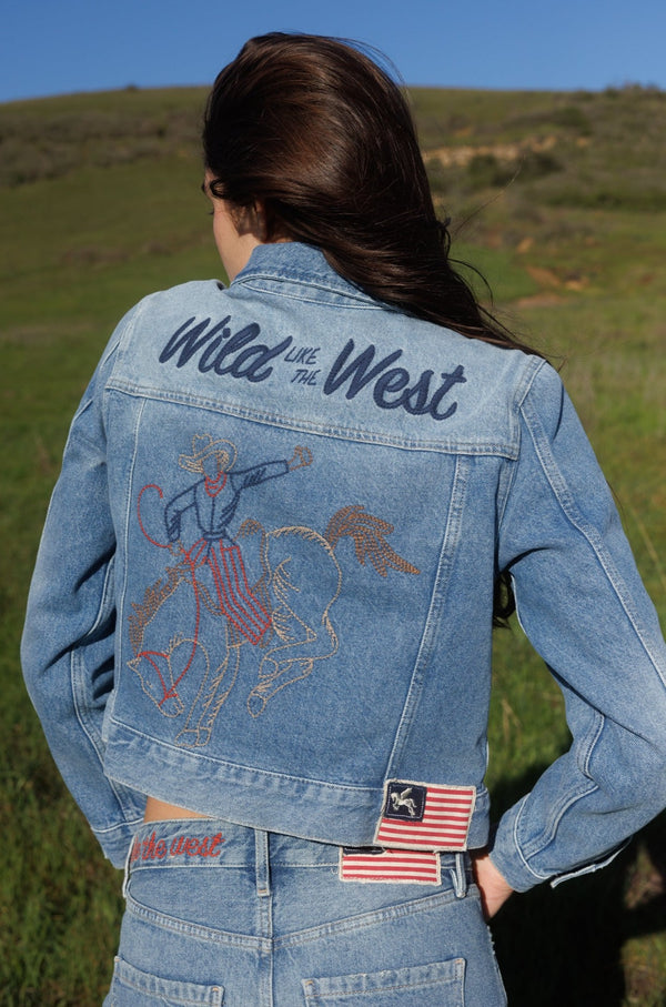 Western Cowboy Embroidered Rigid Medium Wash Trucker Jacket