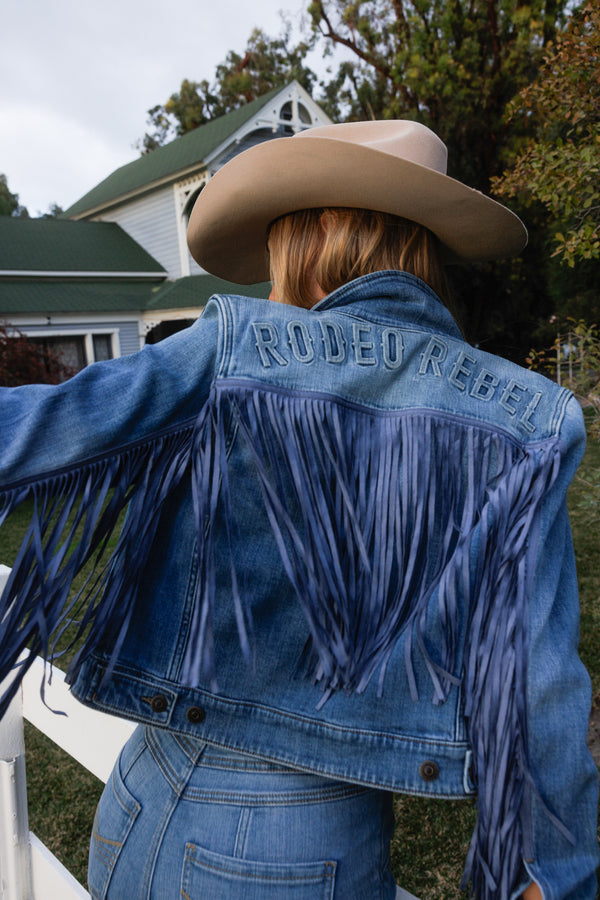 Rodeo Rebel Embossed Fringe Trucker Jacket