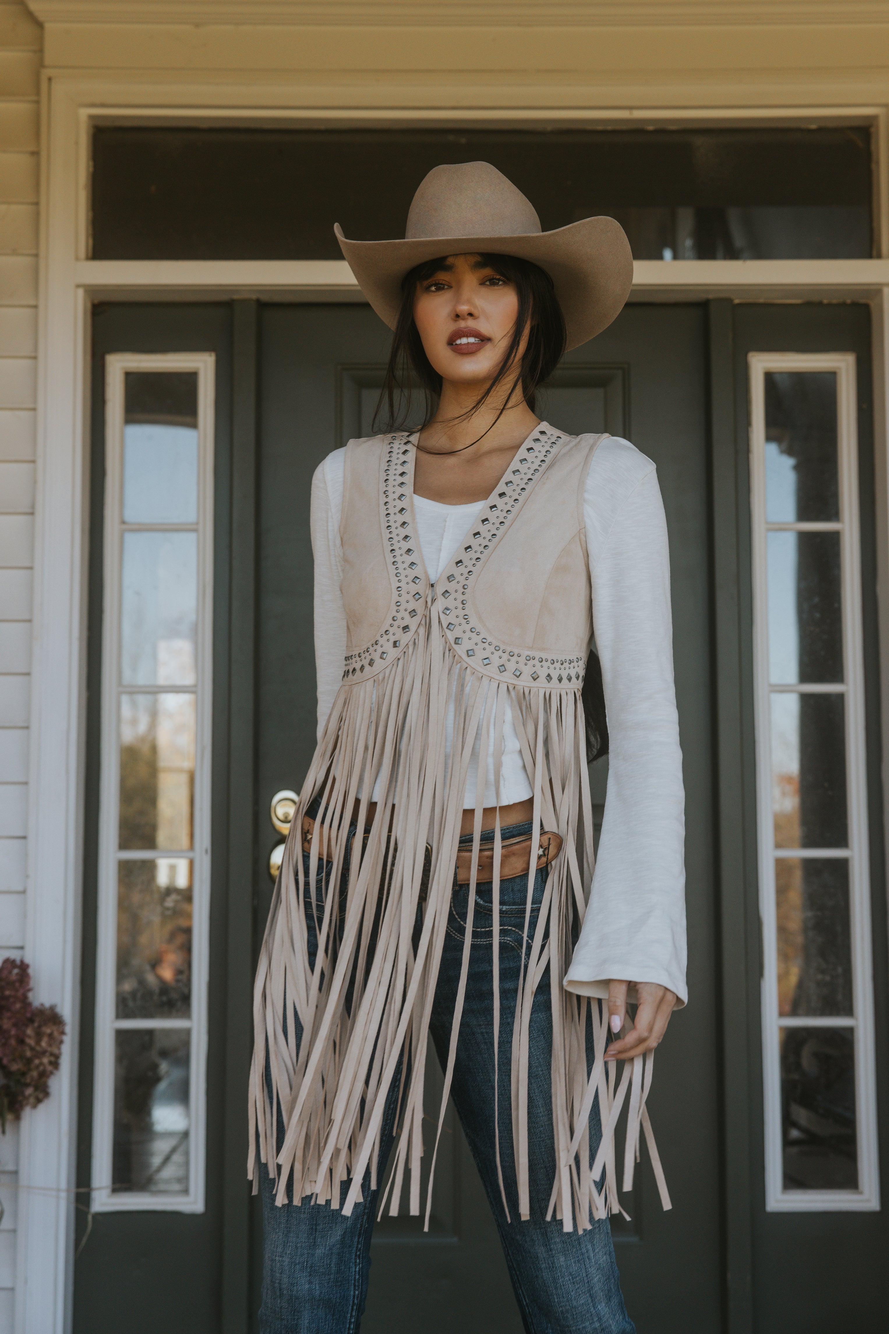 Walnut Studded Fringe Faux Suede Vest