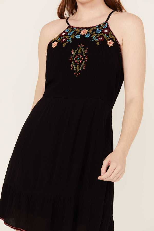 Wolfeboro Embroidered And Beaded Halter Mini Dress - Black
