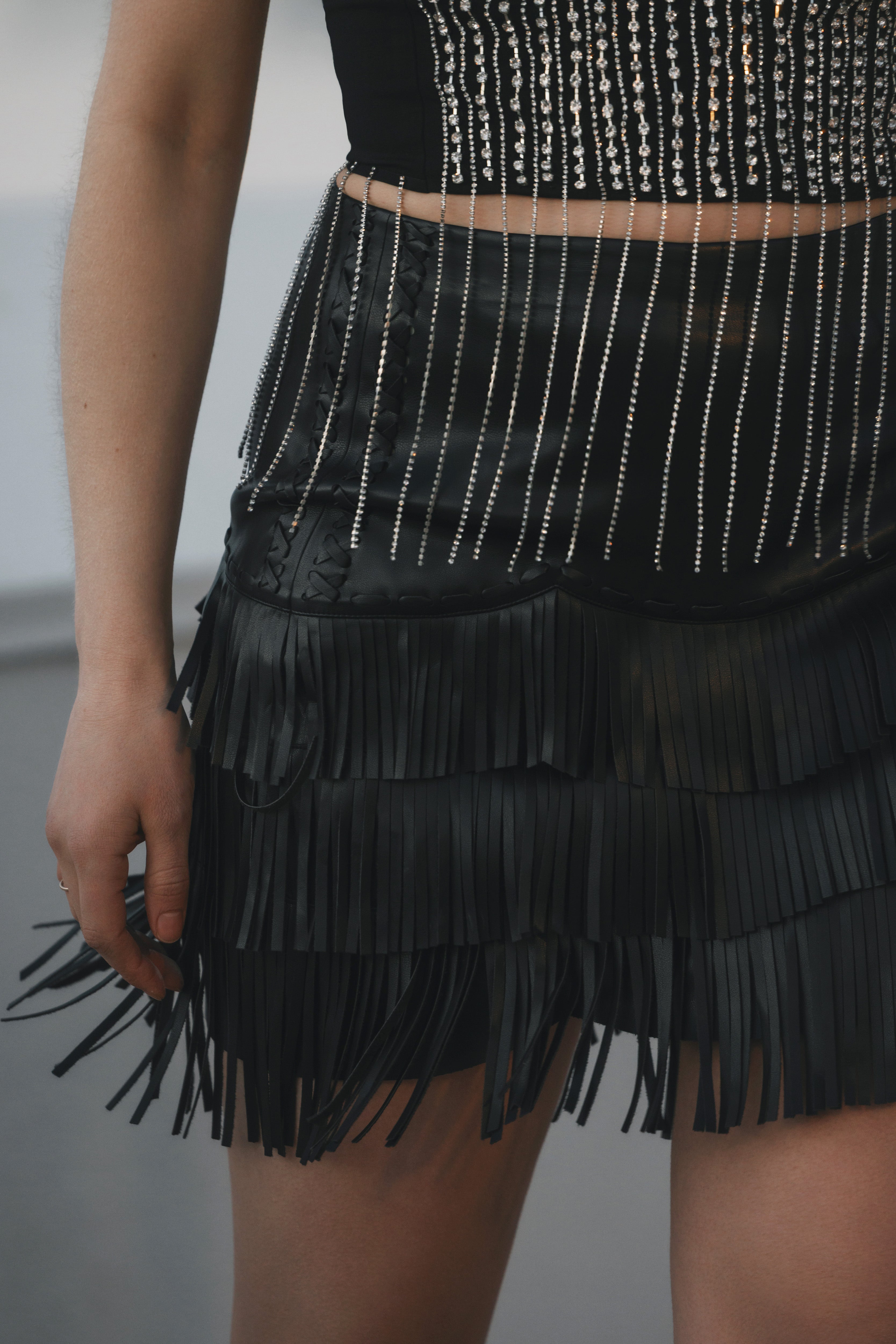 Irene Fringe Faux Leather Skirt