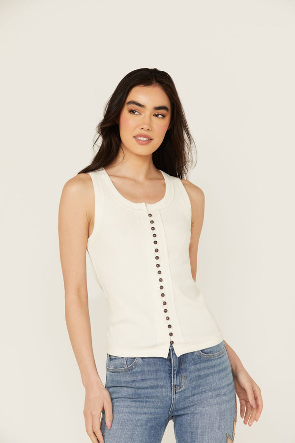 Edna Button Front Ribbed Tank - Ivory
