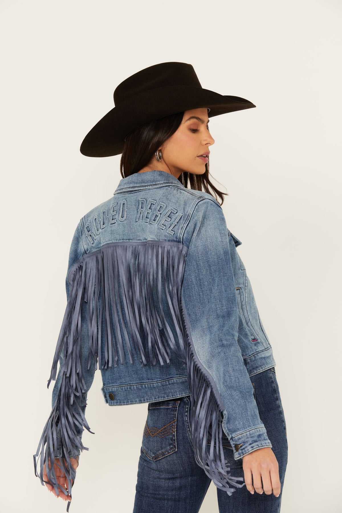 Rodeo Rebel Embossed Fringe Trucker Jacket