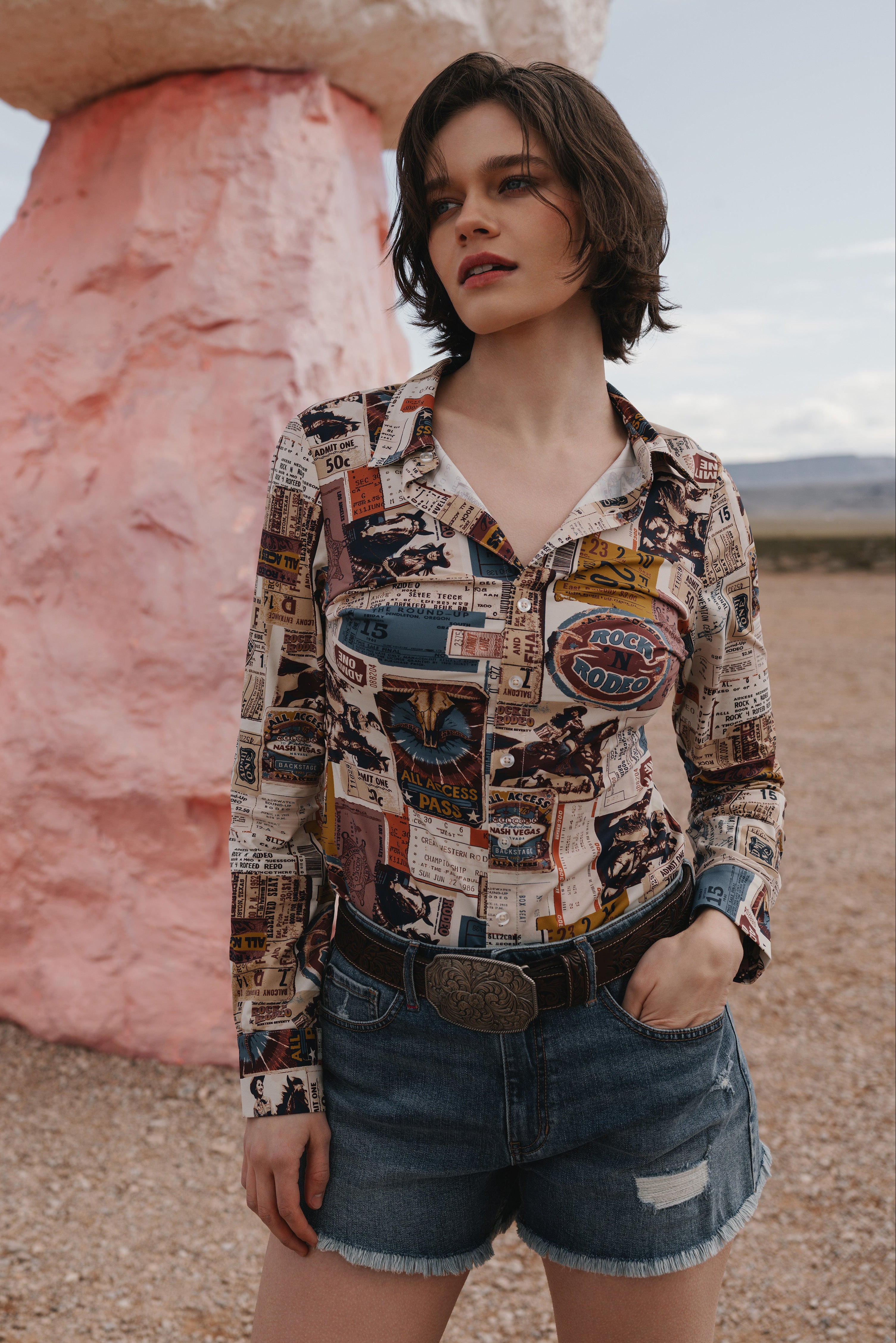 Western Postcard Print Long Sleeve Stretch Riding Shirt