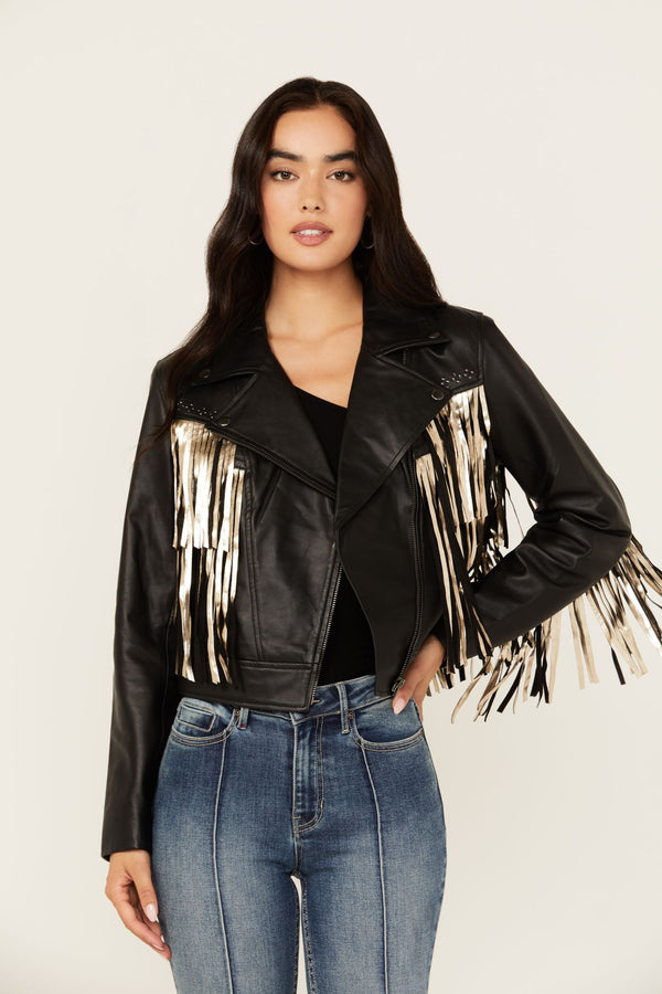 Sparks Studded Thunderbird Fringe Leather Jacket - Black