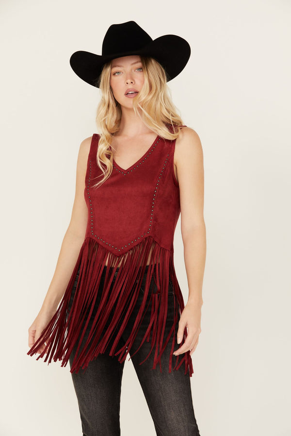 Monticello Fringe Faux Suede Studded Tank - Dark Red