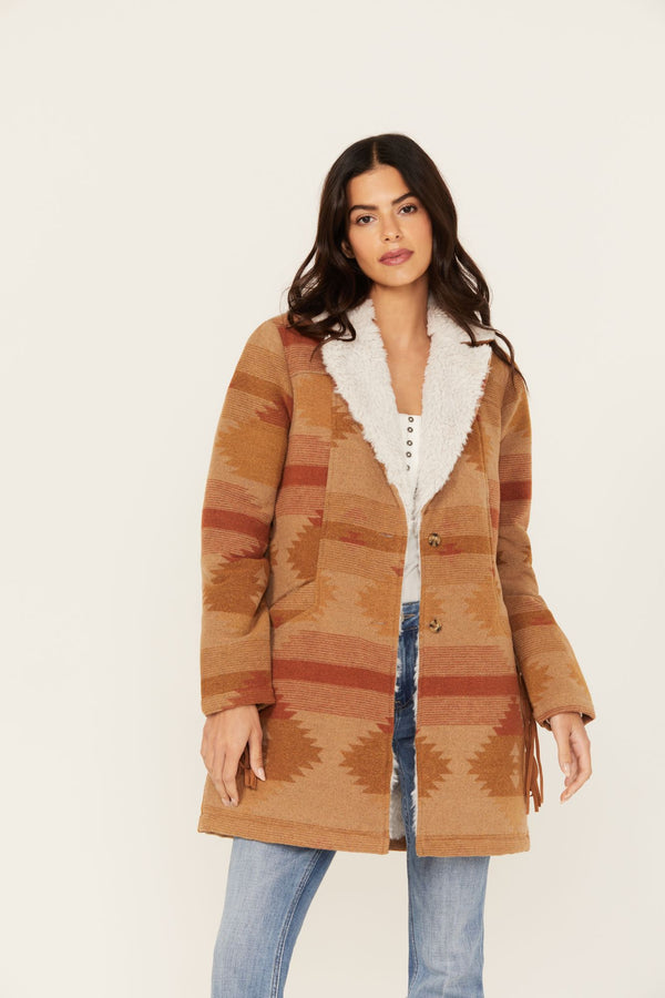 Nettie Sherpa Collar Tonal Blanket Coat - Medium Brown