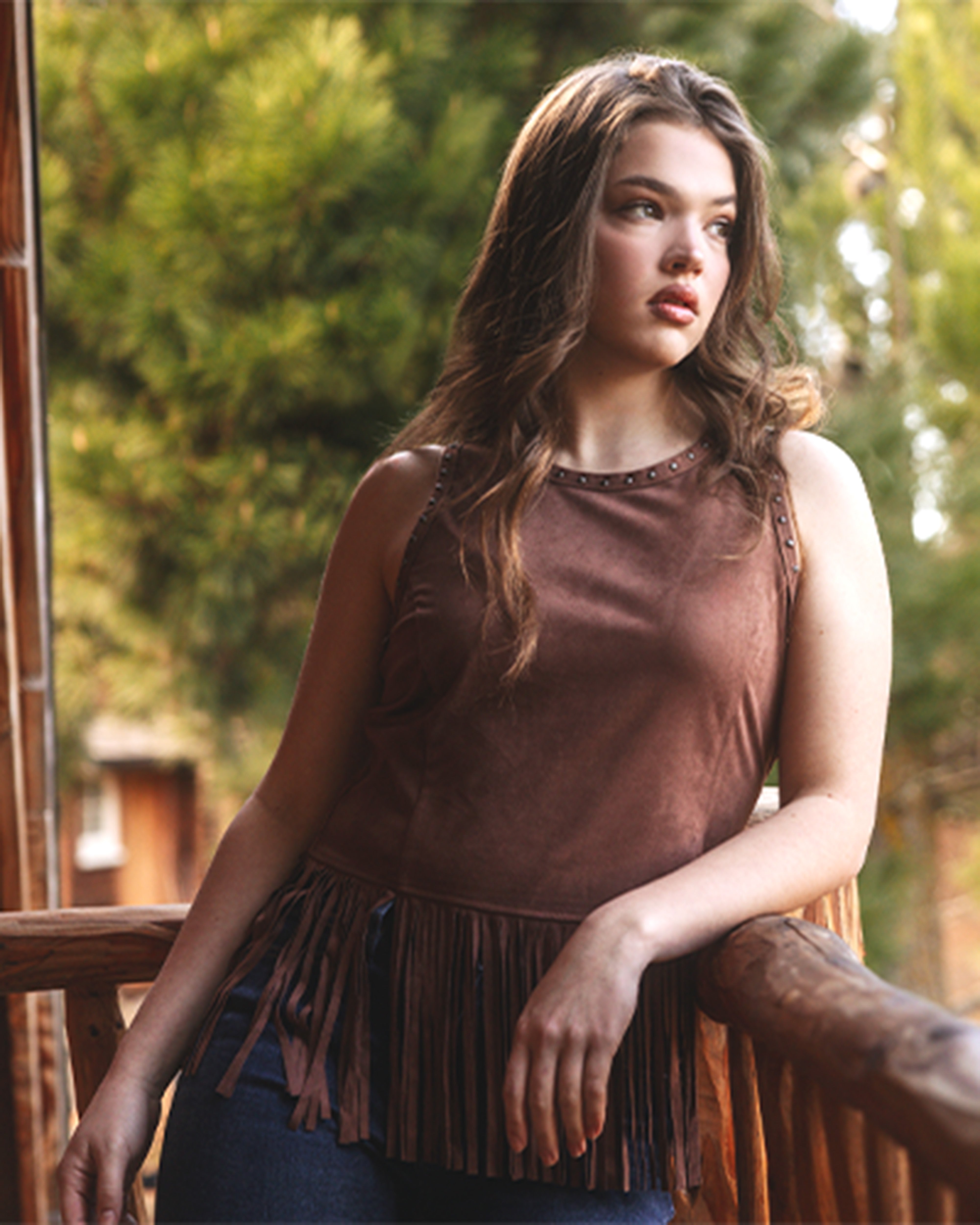 Studded Fringe Faux Suede Tank Top