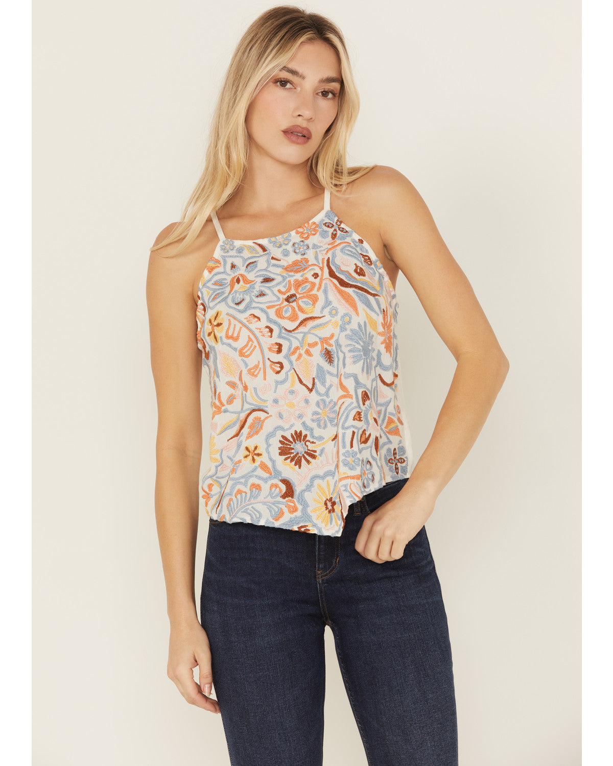 Floral Haze Embroidered Crinkle Tank Top