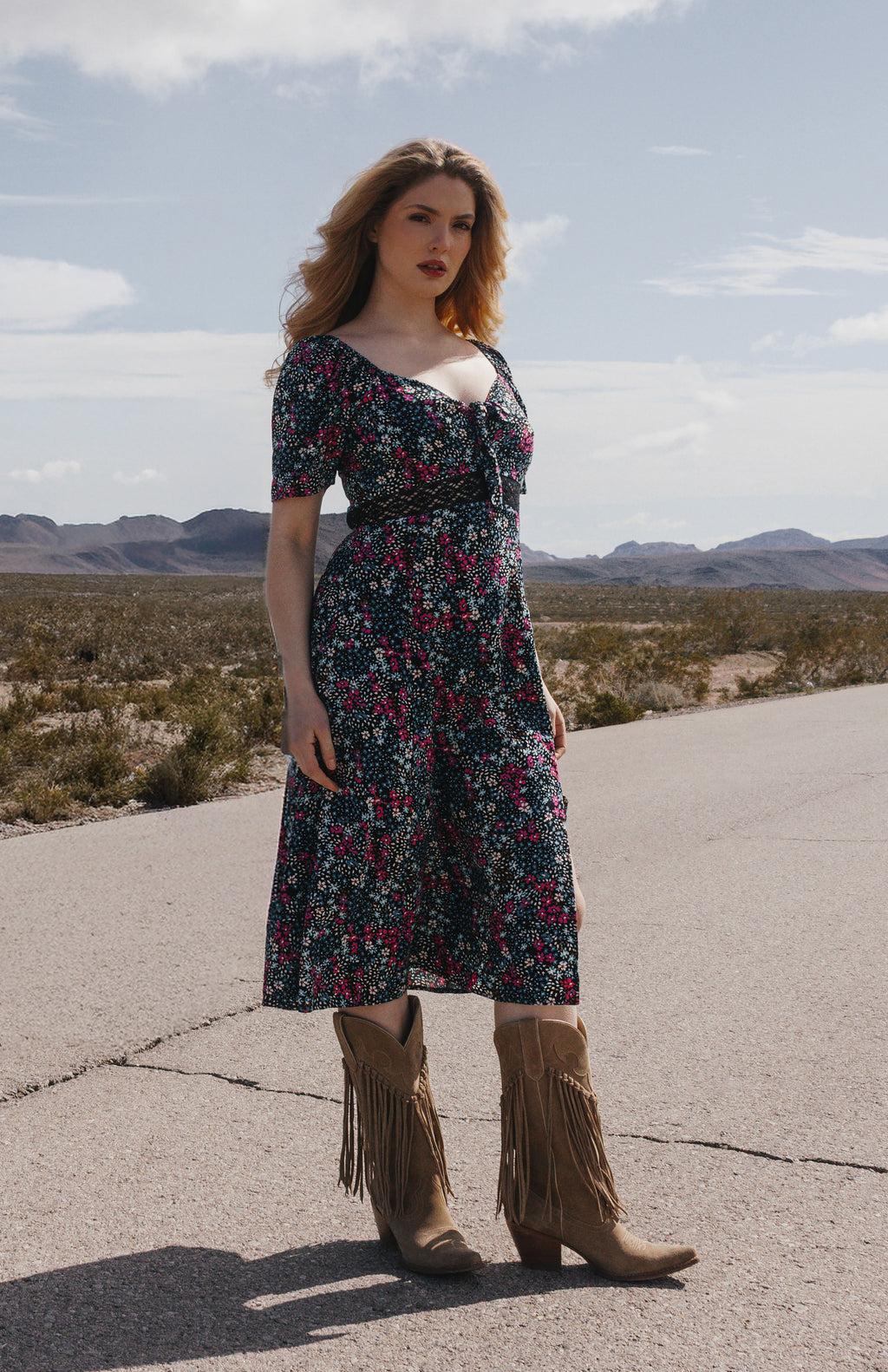 Dudley Floral Print Short Sleeve Tie-Front Midi Dress