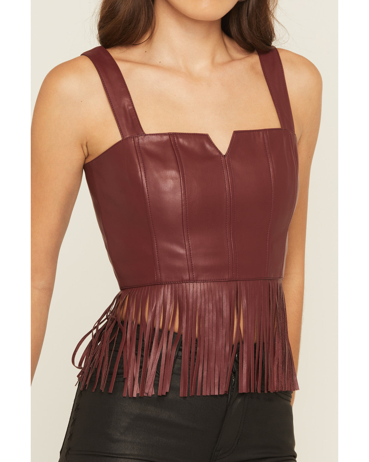 Roycroft Faux Leather Fringe Bustier Top
