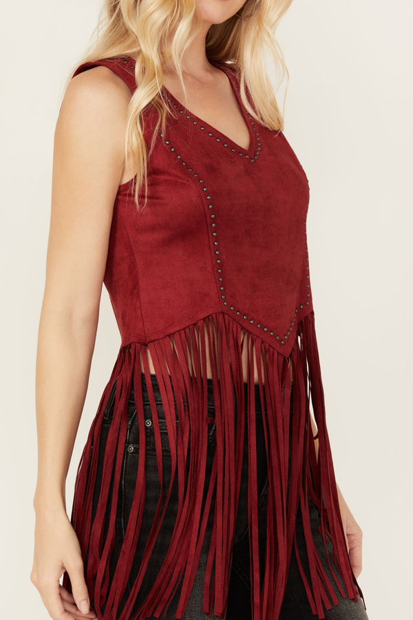 Monticello Fringe Faux Suede Studded Tank - Dark Red
