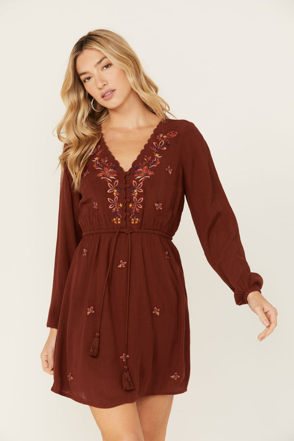Amherst Embroidered Dress - Mahogany