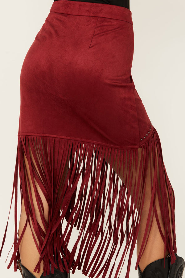 Shiloh Faux Suede Asymmetrical Fringe Skirt - Dark Red