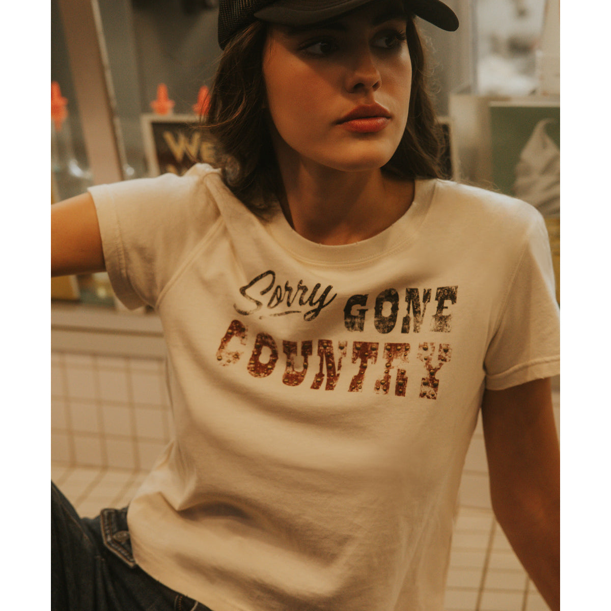 Sorry Gone Country Short Sleeve Cropped Graphic Tee display picture 3