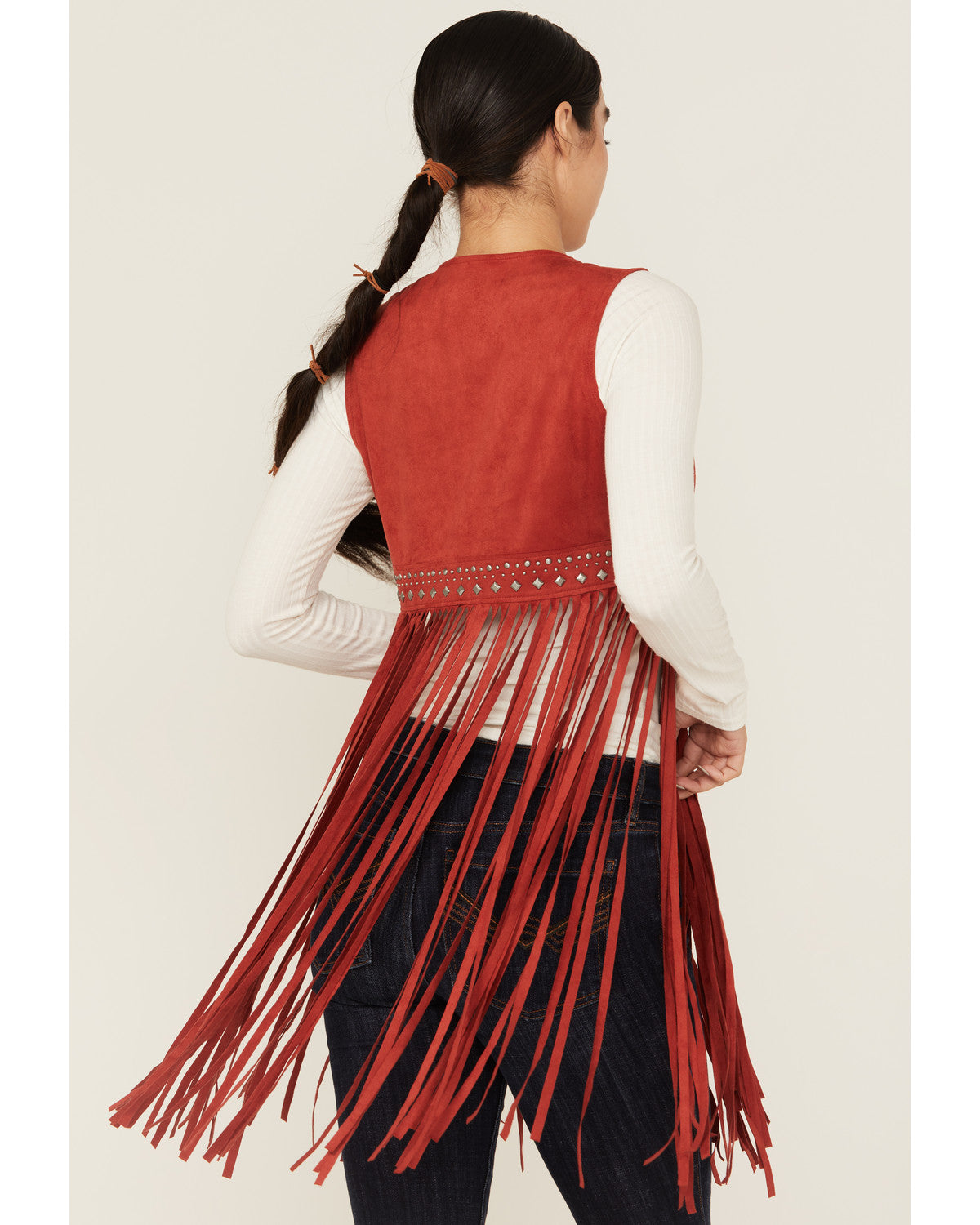 Walnut Studded Faux Suede Fringe Vest