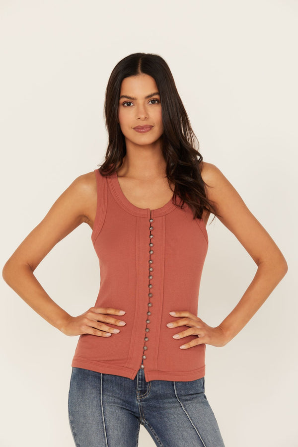 Edna Button Front Ribbed Tank - Pecan