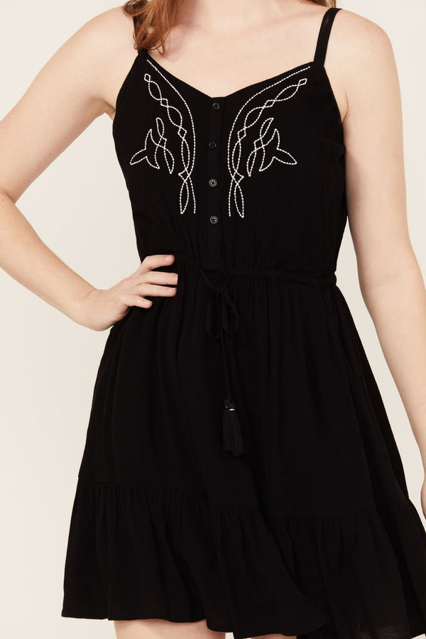 Wilsonia Tie Front Western Embroidered Dress - Black