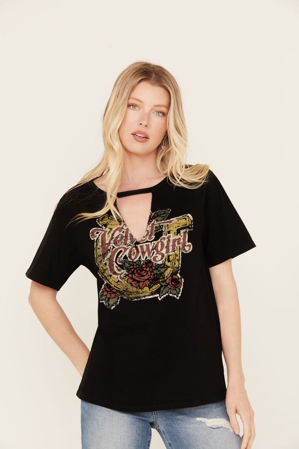 Velvet Cowgirl Cut Out Graphic Tee - Black