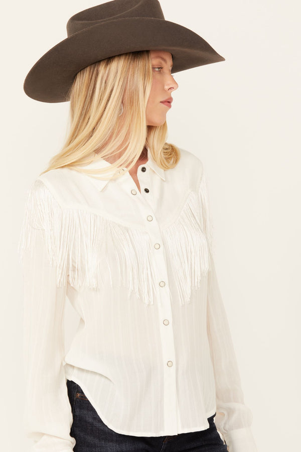 Etta Fringe Western Yoke Long Sleeve Snap Shirt - White