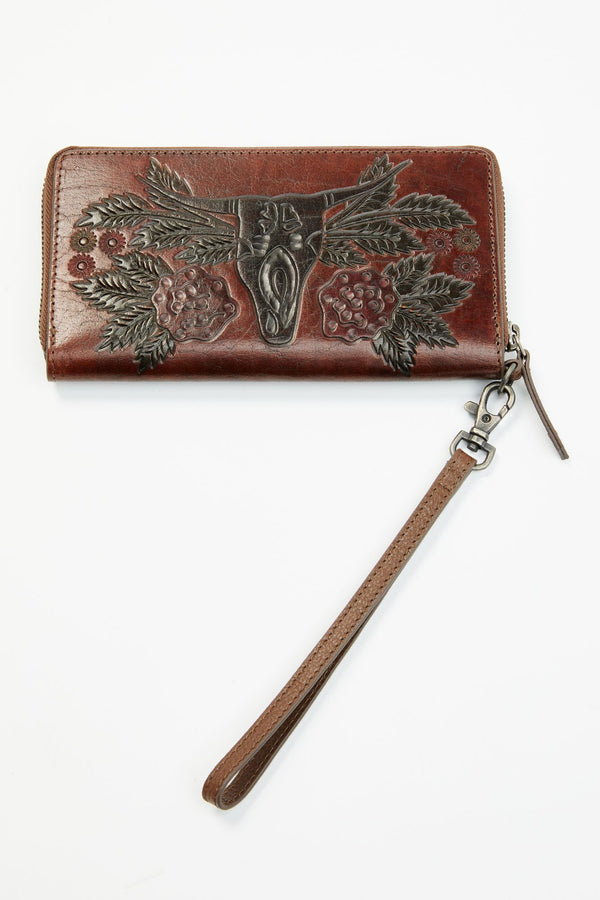Lenora Painted Longhorn Tooled Leather Wallet - Brown