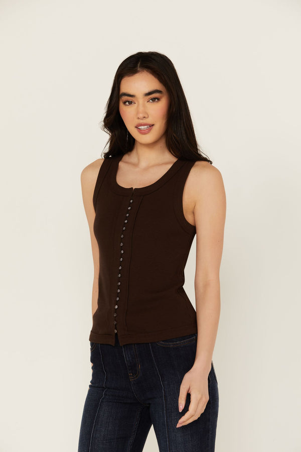 Edna Button Front Ribbed Tank - Dark Brown
