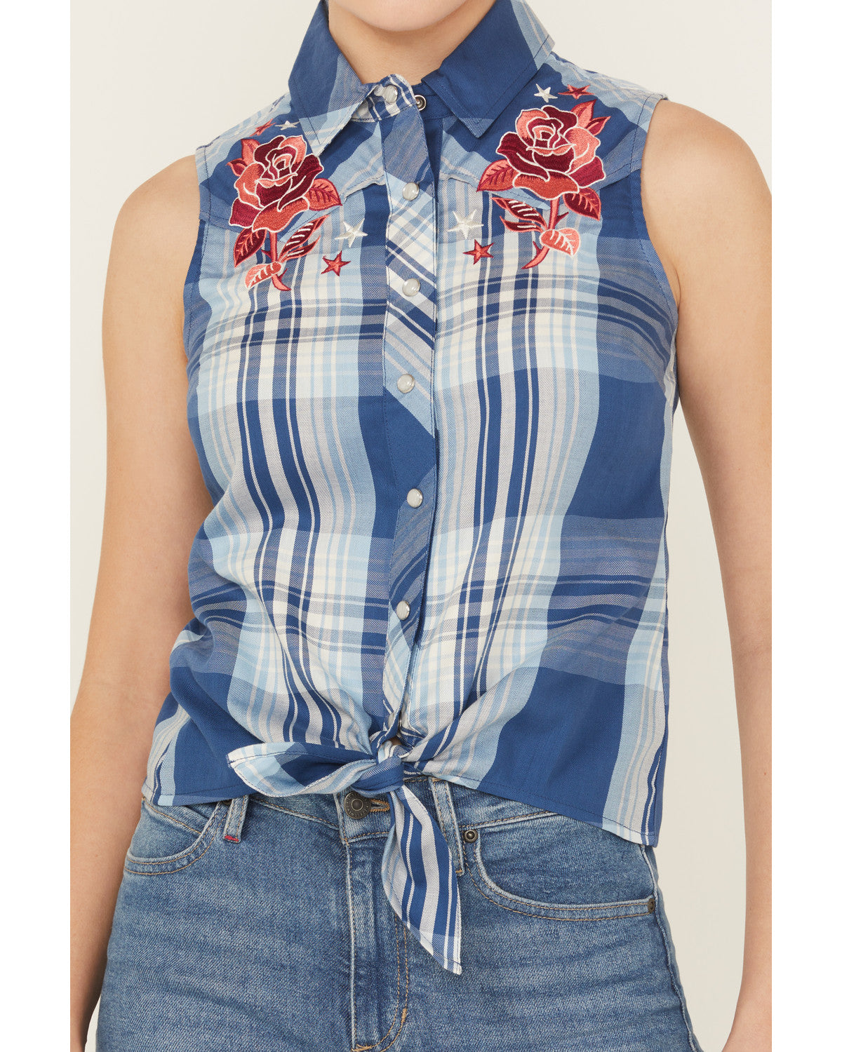 Plaid Print Embroidered Front Sleeveless Snap Western Shirt
