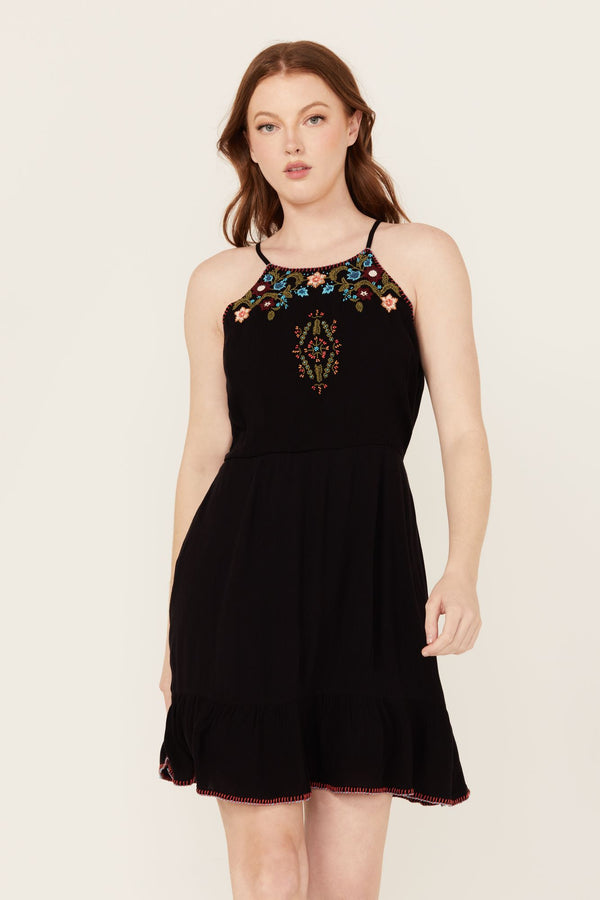 Wolfeboro Embroidered And Beaded Halter Mini Dress - Black