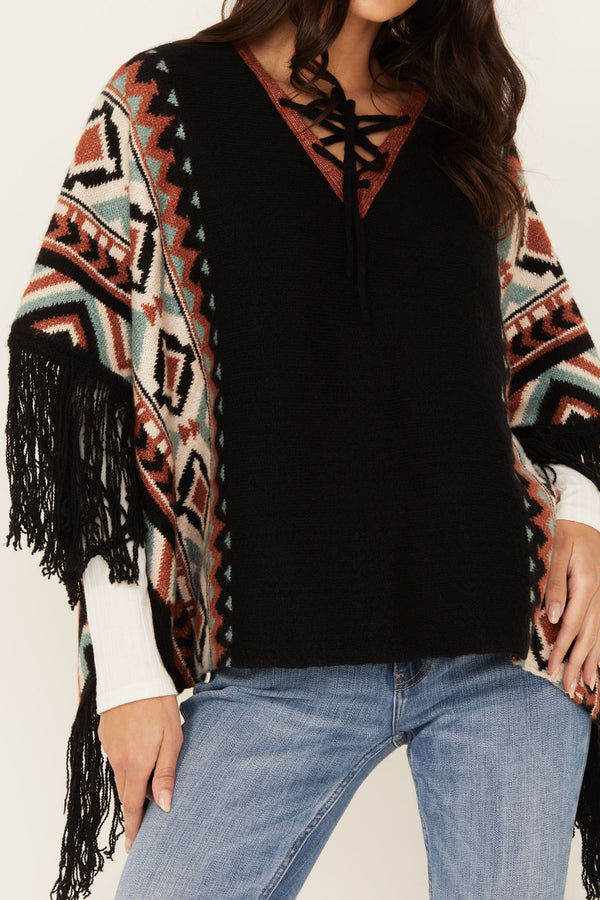 Alma Southwestern Poncho Sweater - Black