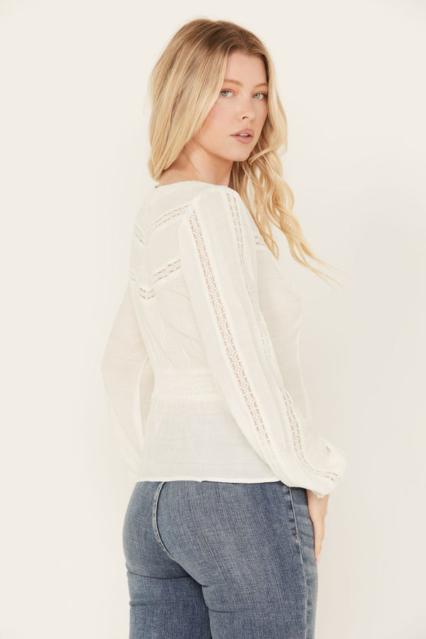 Charlotte Long Sleeve Lace Inset Top - Ivory