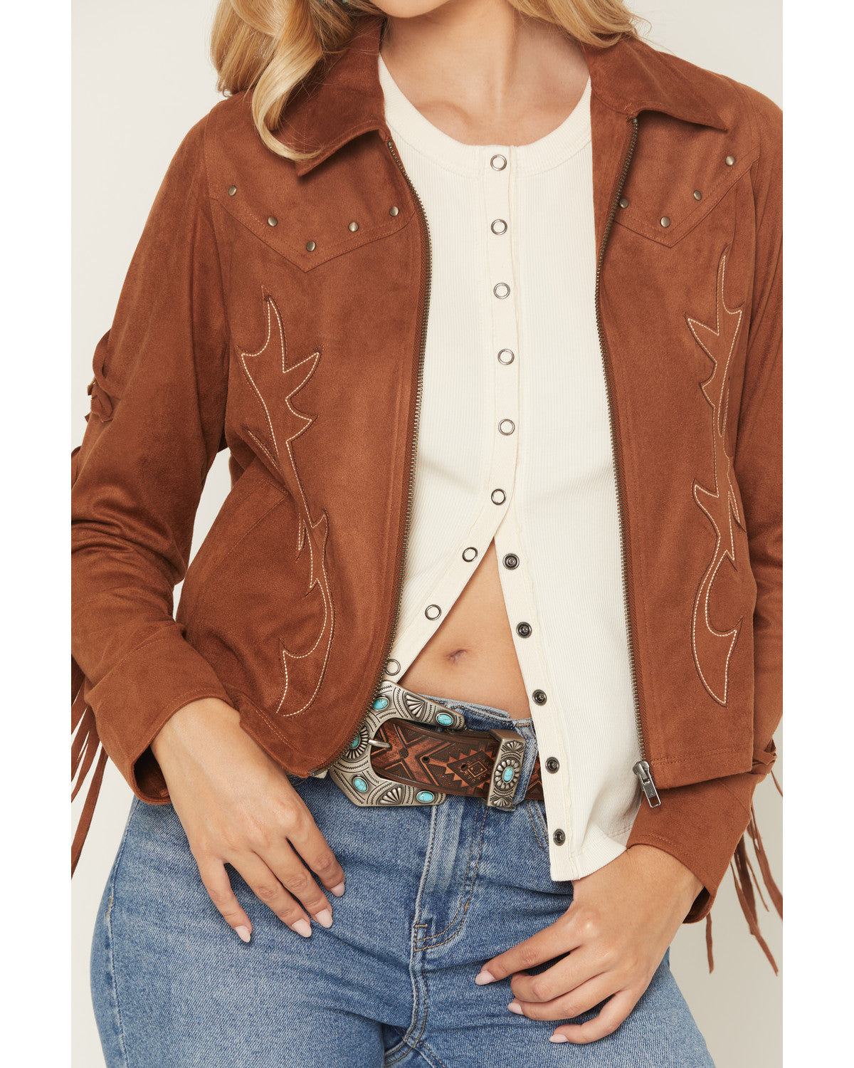 Juniper Faux Suede Boot Stitched Fringe Zip-Up Jacket