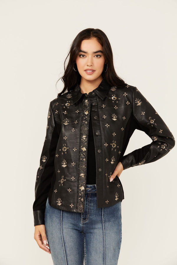 Siers Embellished Leather Button-Down Shirt - Black