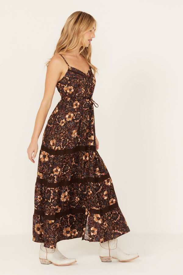 Poppy Floral Printed Maxi Dress - Dark Brown
