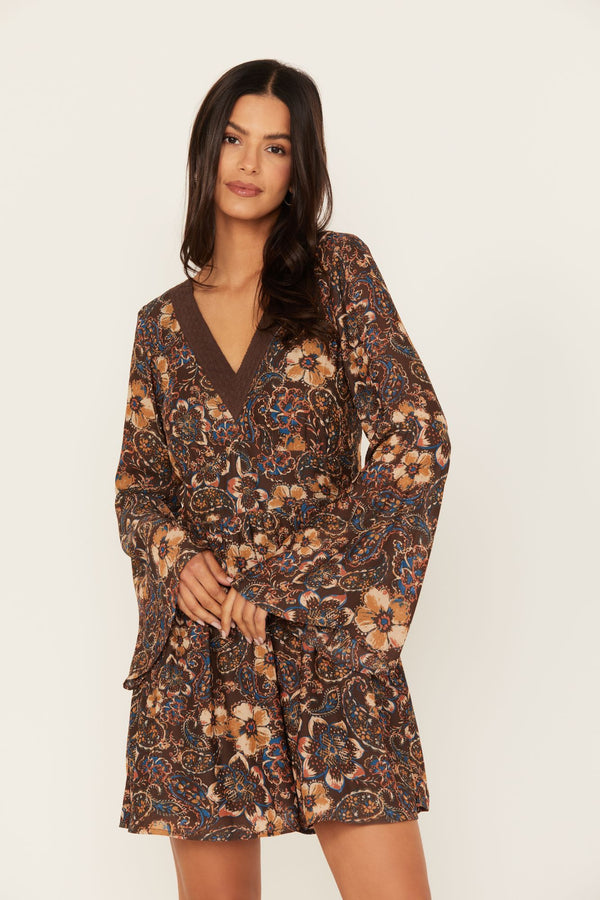 Poppy Floral Print Long Sleeve Dress - Dark Brown