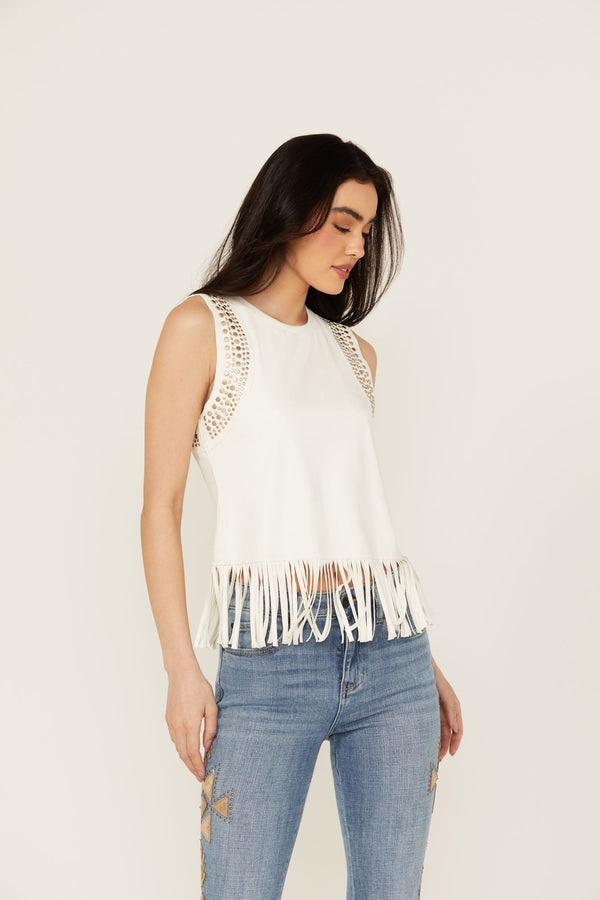 Lillian Studded Fringe Faux Suede Tank Top - Ivory