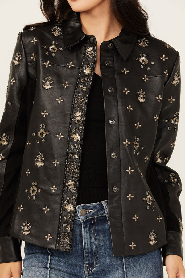 Siers Embellished Leather Button-Down Shirt - Black