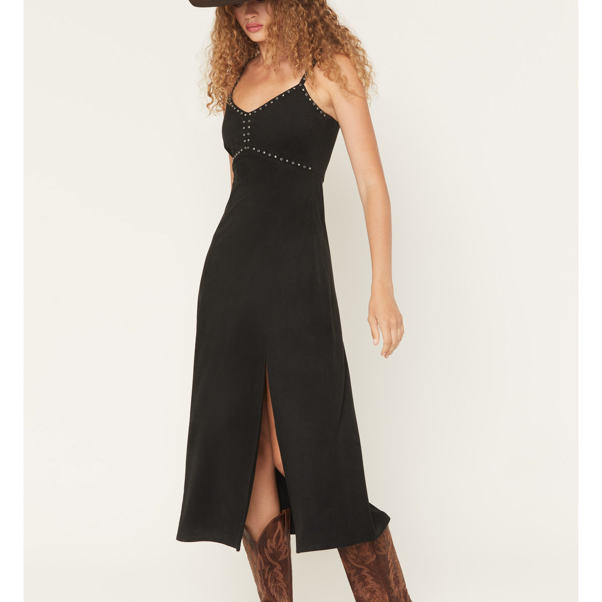 black suede dress Idyllwind Women's Gina Studded Faux Sleeveless Midi Color:Bordeaux Sleeveless with adjustable spaghetti The Valentine Edit CLP Taylor Womens Black Lace