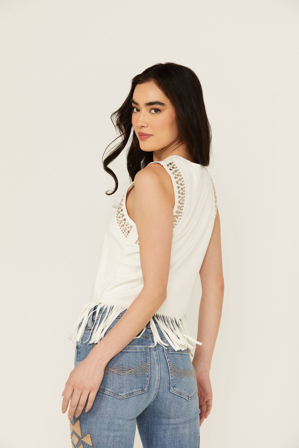 Lillian Studded Fringe Faux Suede Tank Top - Ivory