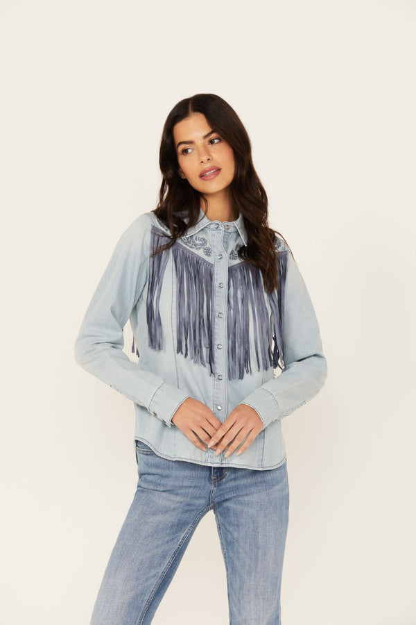 Sutton Embroidered Chambray Fringe Top - Medium Wash