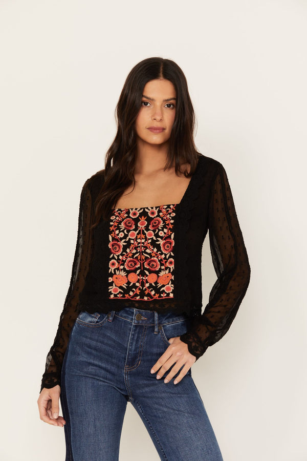 Coreopsis Embroidered Chiffon Top - Black