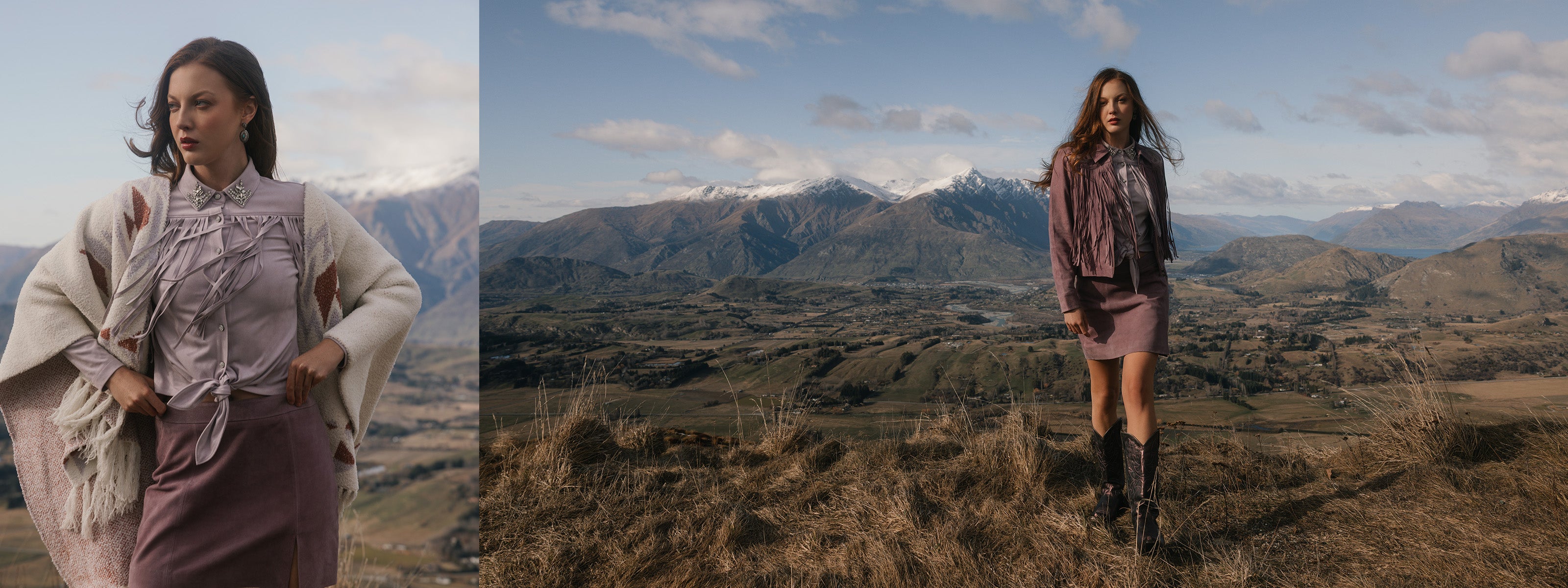 A woman in a scenic landscape with mountains.