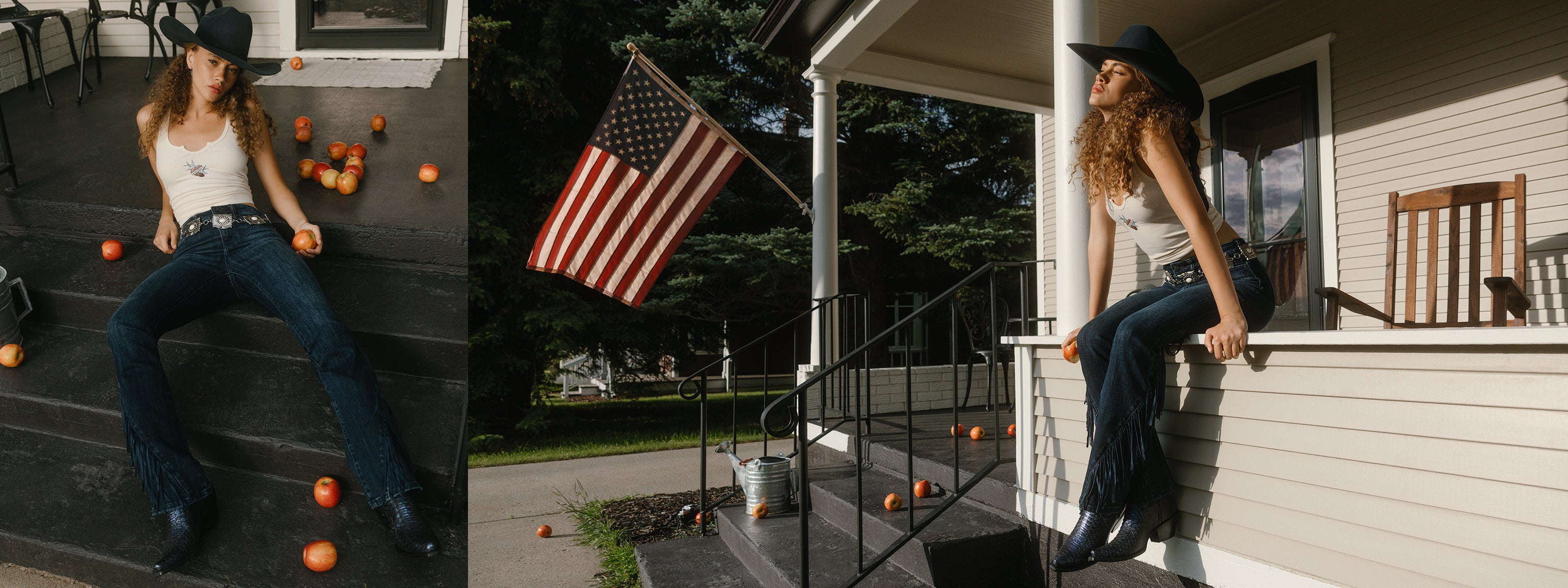 Women with flag on a porch