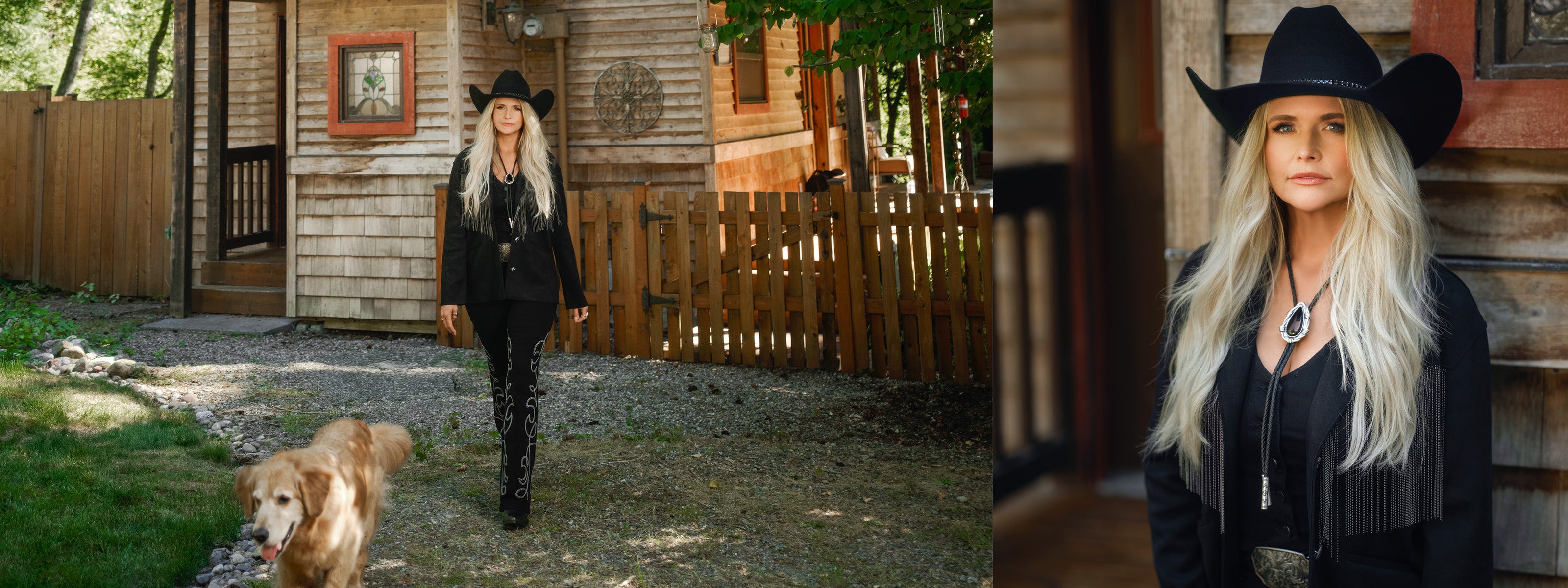 Miranda Lambert in cowboy hat walking a dog with a wooden cabin in the background