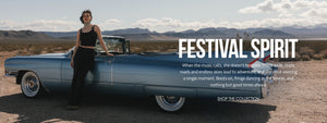 Woman standing next to a classic blue car in a desert landscape with 'Festival Spirit' text overlay.